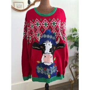 Holiday Cow Christmas Sweater Novelty Graphic Pullover Crewneck 2XL